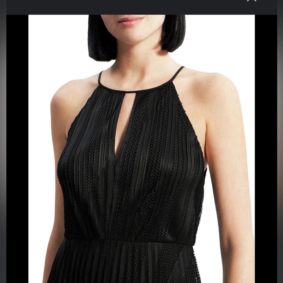 Theory Pleated A-line Midi Dress Black Mesh Lace w Skinny Straps & Front Keyhole - Picture 12 of 14
